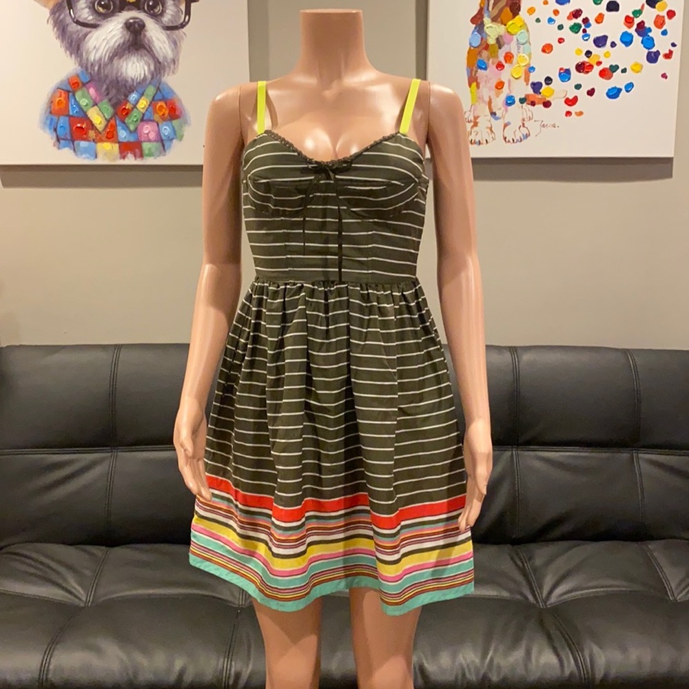 Xhiliration Olive Green Striped Bustier Mini Sundress Small Retro Cottagecore